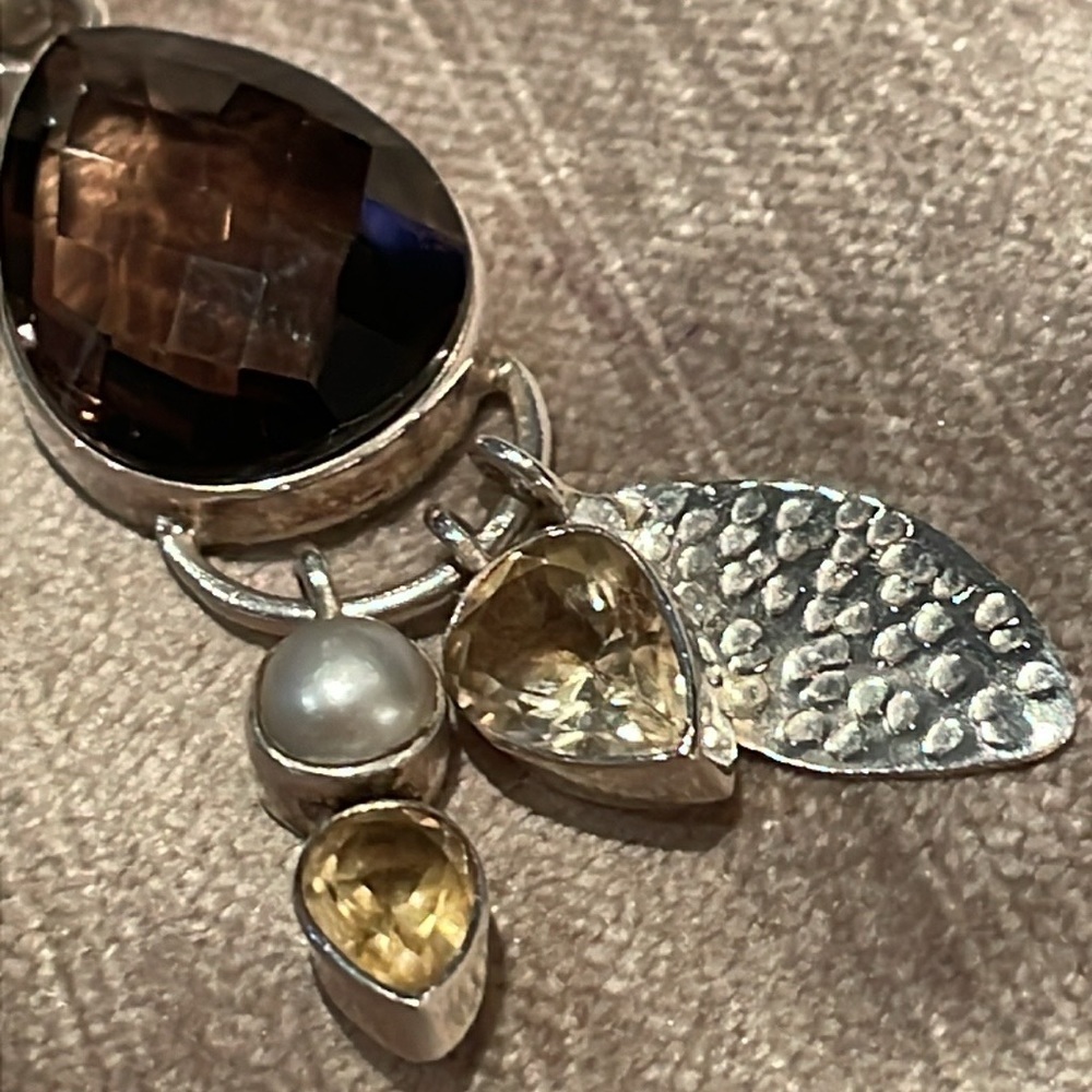 Smokey Quartz Pendant Citrine & Fresh Water Pearl Charms Sterling Silver 925 - Picture 7 of 7